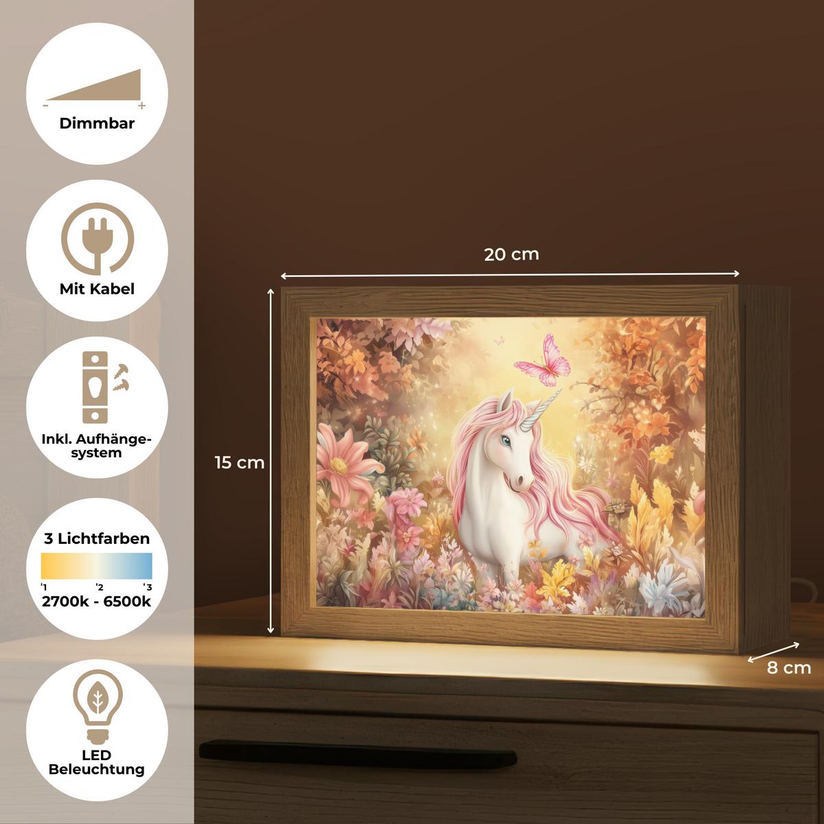 NACHTTISCHLAMPE Einhorn - Blumen - Schmetterling - Rosa 20x15 cm - Beige, Holzwerkstoff (8/20/15cm) - OnlyWow