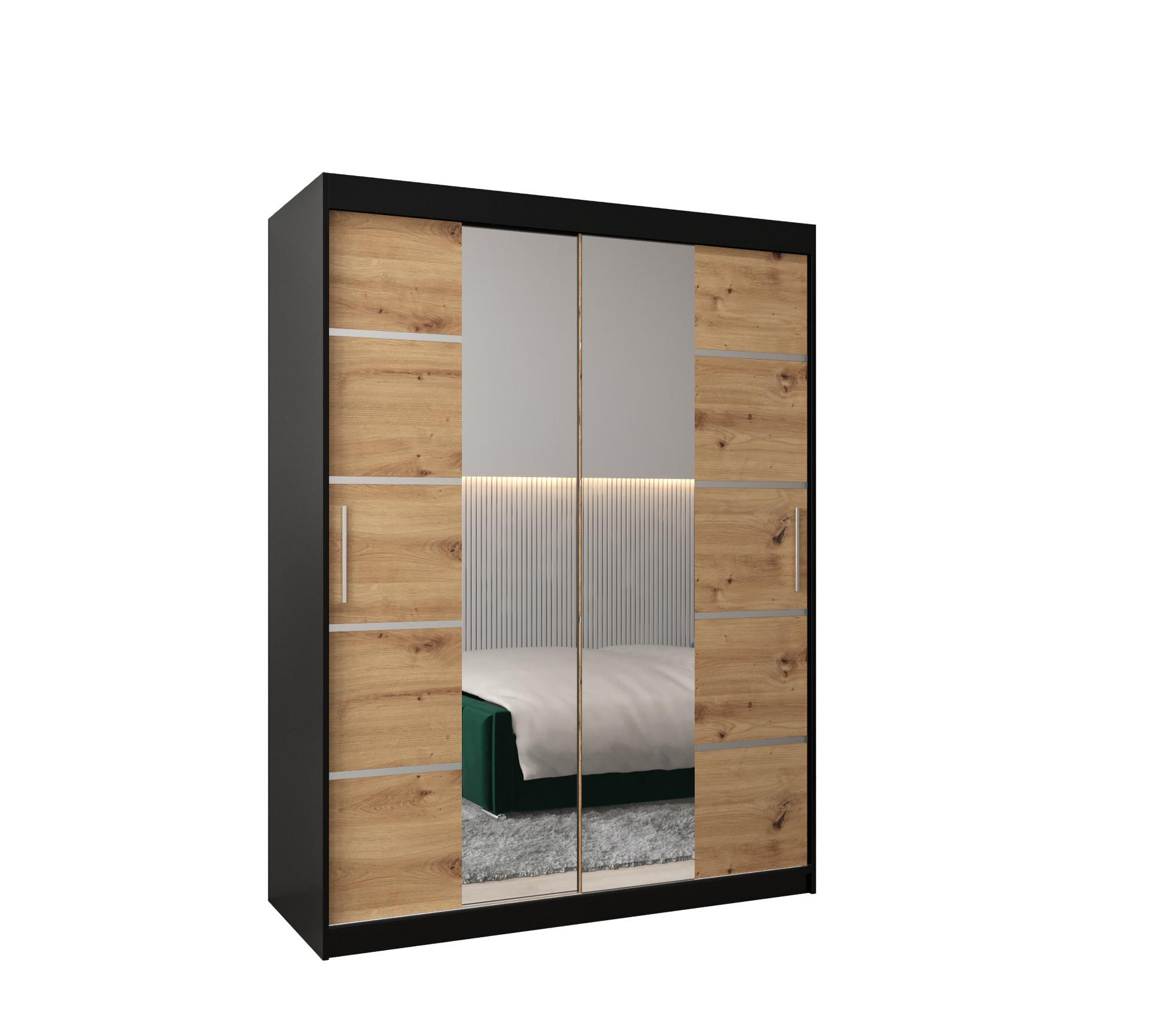 SCHWEBETÜRENSCHRANK 200/150/62 2-türig - Silberfarben/Schwarz, Holz/Kunststoff (150/200/62cm) - MÖBEL KRYSPOL