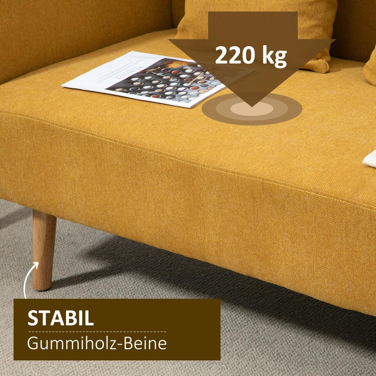 2 Sitzer Sofa, Couch mit 2 Wurfkissen, gepolsterter Doppelsofa mit Samtopik - Currygelb, Kunststoff (70/80/130cm) - HOMCOM