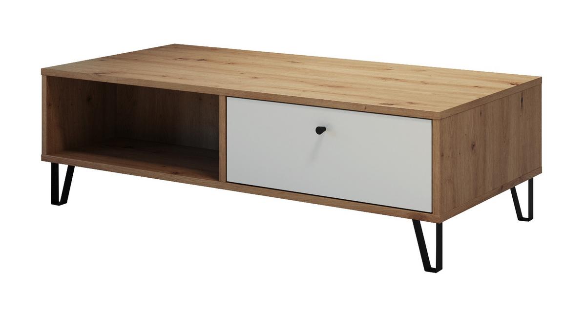 COUCHTISCH weiß matt, Eiche Artisan 110 cm, Beistelltisch mit 2 x Schubkasten - Eichefarben/Schwarz, Holzwerkstoff/Kunststoff (60/110/37cm) - Top.Furn
