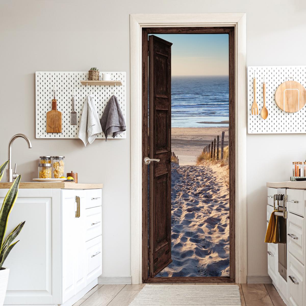 TÜRAUFKLEBER Durchblick - Strand - Meer - Weg - Dünen 90x235 cm - Türtapete - Sandfarben, Kunststoff (90/0.1cm) - MuchoWow