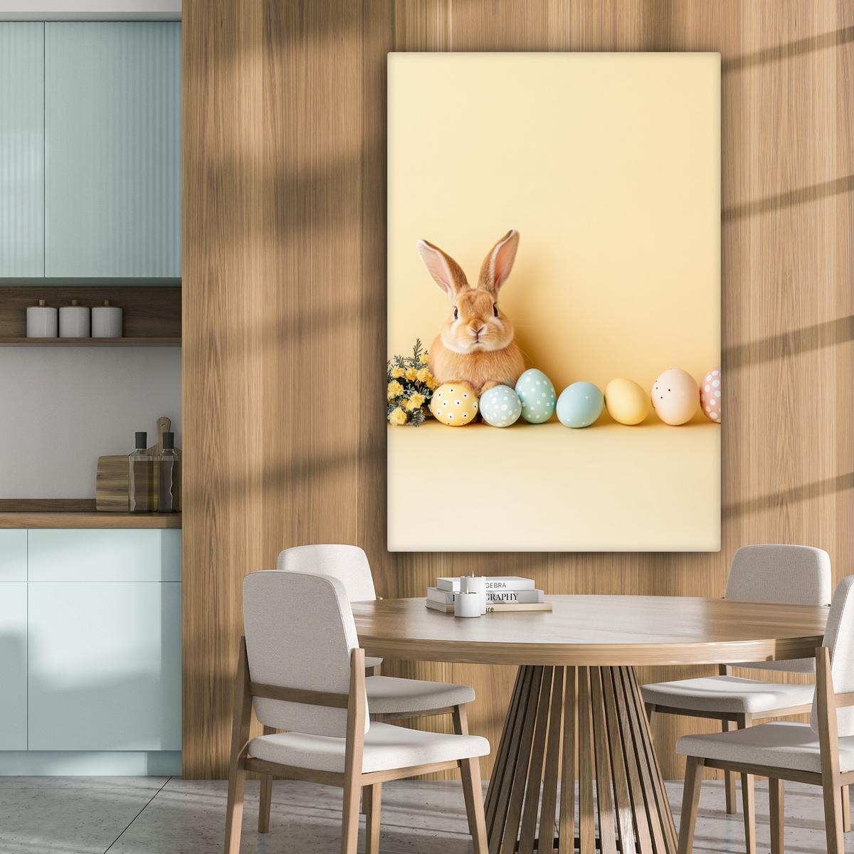 LEINWANDBILD Eier - Kaninchen - Pastellfarbtöne Deko XXL 80x120 cm - Hellgelb, Textil (80/120cm) - MuchoWow