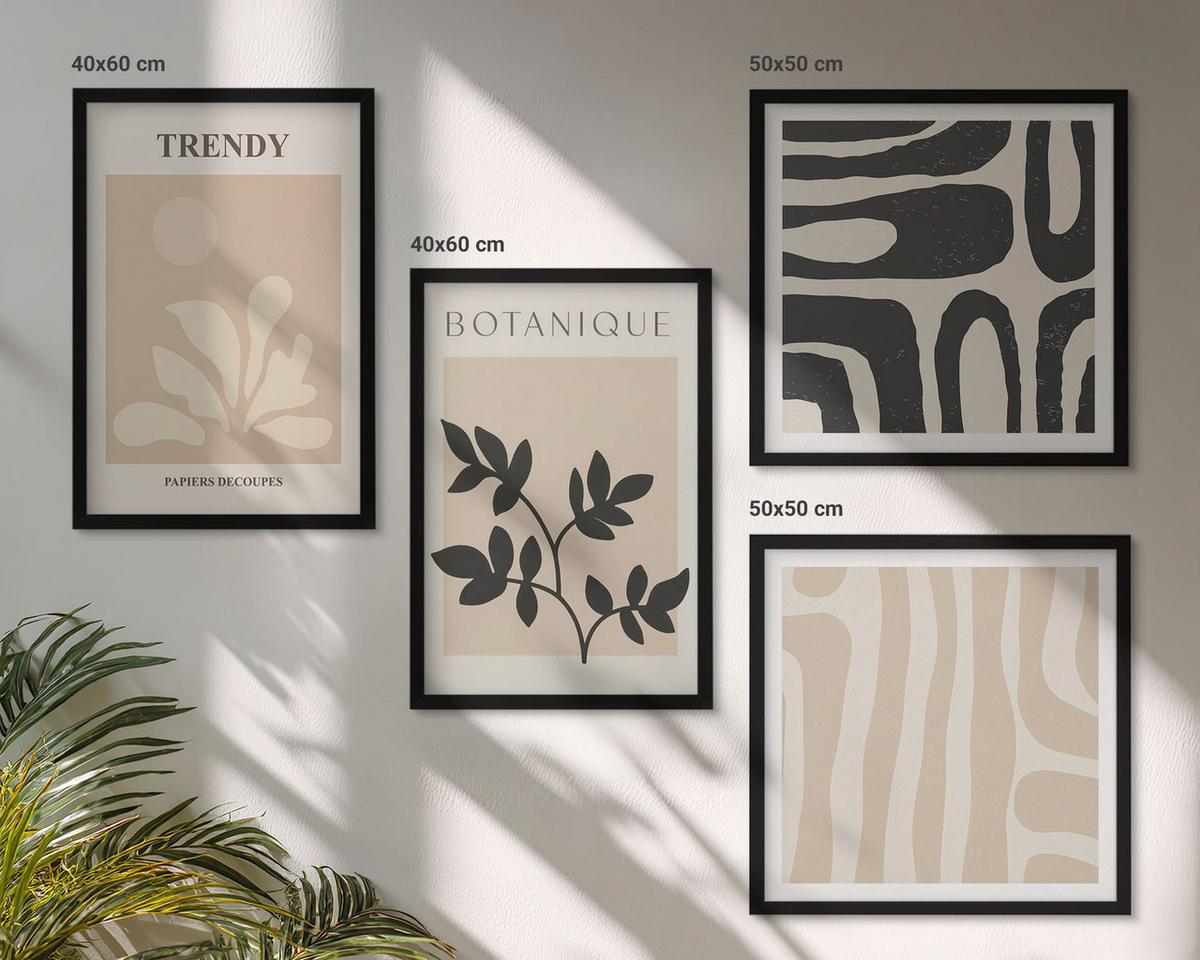 BILDER SET 4er Set - 50x50 cm & 40x60 cm Schwarzer Rahmen - Stilvolle Pflanzenmuster in Beige und Schwarz - Schwarz, Kunststoff (50/50cm) - TULUP