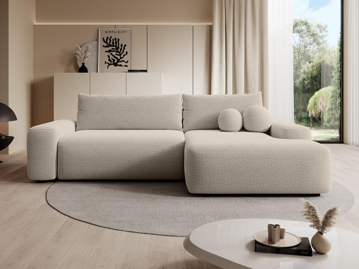ECKSOFA RUOTA Beige Boucle-Stoff mit Schlaffunktion - Beige, Holz (264/162cm) - MASSENO