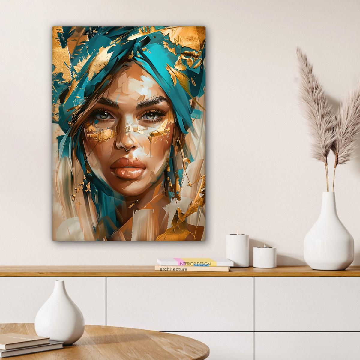 LEINWANDBILD Frau - Porträt - Gold - Luxus - Blau Wandbild Wohnzimmer 60x80 cm - Türkis, Textil (60/80cm) - MuchoWow