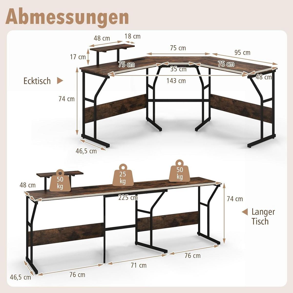 SCHREIBTISCH 91cm Braun - Braun, Holz (148/148/91cm) - COSTWAY