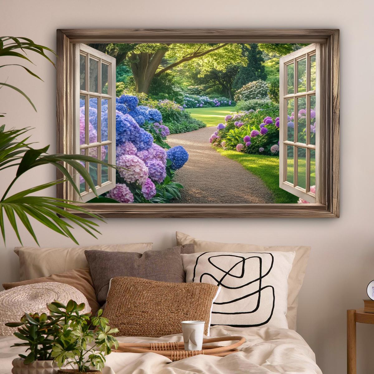 LEINWANDBILD Aussicht - Garten - Fenster - Hortensie - Blumen Wohnzimmer Groß 120x80 cm - Pastellblau, Textil (120/80cm) - MuchoWow