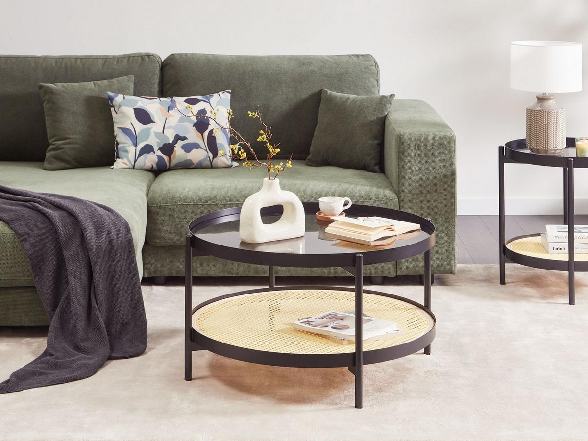COUCHTISCH Schwarz/Heller Holzfarbton Reno - Hellbraun/Schwarz, Glas/Holzwerkstoff (80/80/45cm) - Beliani