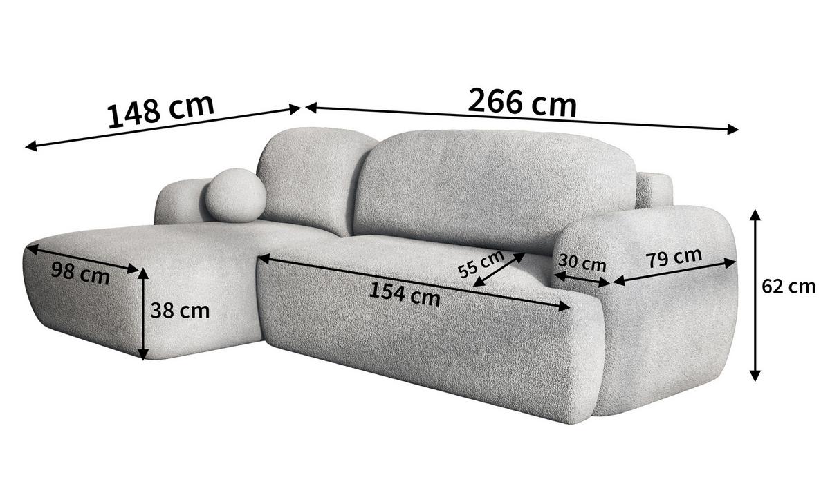 ECKSOFA MODENZA N L-S Grün Boucle-Stoff mit Schlaffunktion - Schwarz/Grün, Holz/Kunststoff (266/148cm) - MASSENO