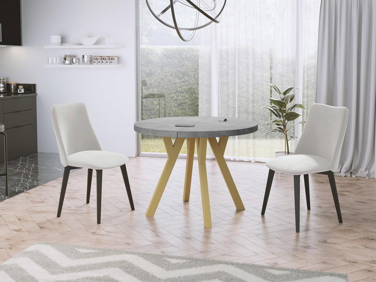 ESSTISCH Mateo runder ausziehbarer, Grauer Beton 100-150/100/76 cm - Goldfarben/Hellgrau, Holz/Holzwerkstoff (100/150/76cm) - WFL GROUP