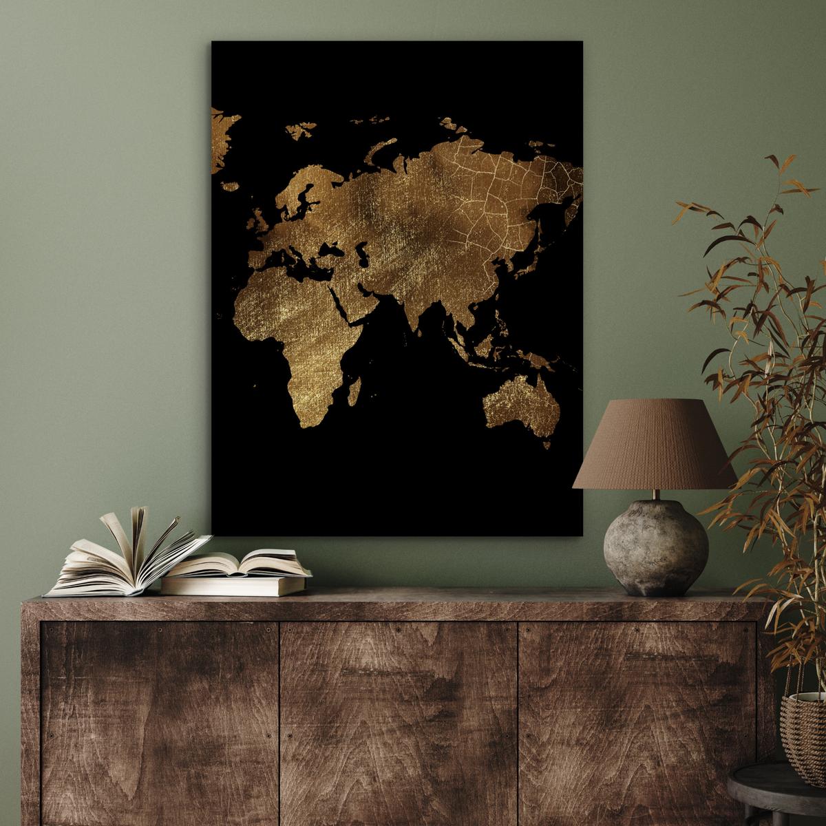 METALLBILD Weltkarte - Gold - Luxus - Erde - Schwarz 60x80 cm - Goldfarben, Metall (60/80cm) - MuchoWow