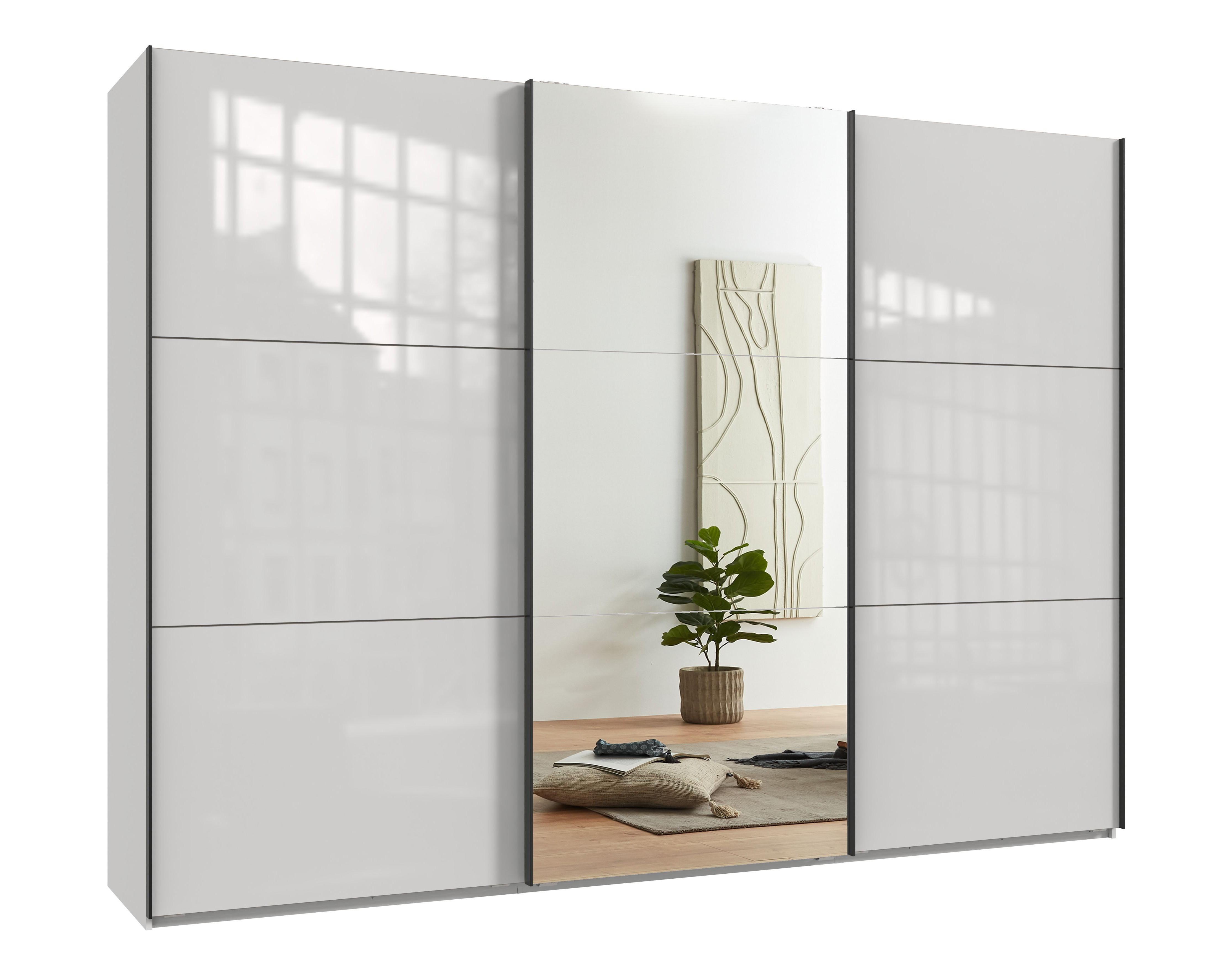 SCHWEBETÜRENSCHRANK 3-türig B300/H216/T65 cm in Weiß mit Glasfront, eine Spiegeltür, Kleiderschrank inkl. Vollausstattung / 22039 - Eichefarben/Weiß, Holzwerkstoff/Metall (300/216/65cm) - luma-home