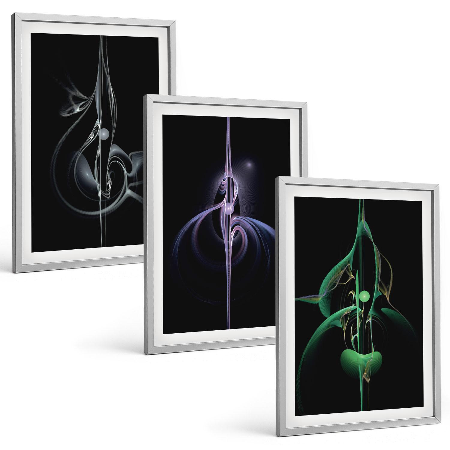 BILDER SET 3er Set - 40x60 cm Silberner Rahmen - Abstrakte schwarze Farbmuster - Silberfarben, Kunststoff (40/60cm) - TULUP