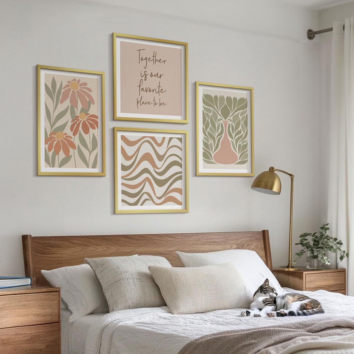 BILDER SET 4er Set - 50x50 cm & 40x60 cm Goldrahmen - Abstrakte Pastellblumen - Goldfarben, Kunststoff (50/50cm) - TULUP