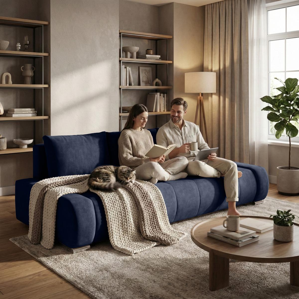 SCHLAFSOFA Draco 3-Sitzer, mit Bettkasten, Dunkelblau - Dunkelblau, Textil (240/85/110cm) - Beautysofa