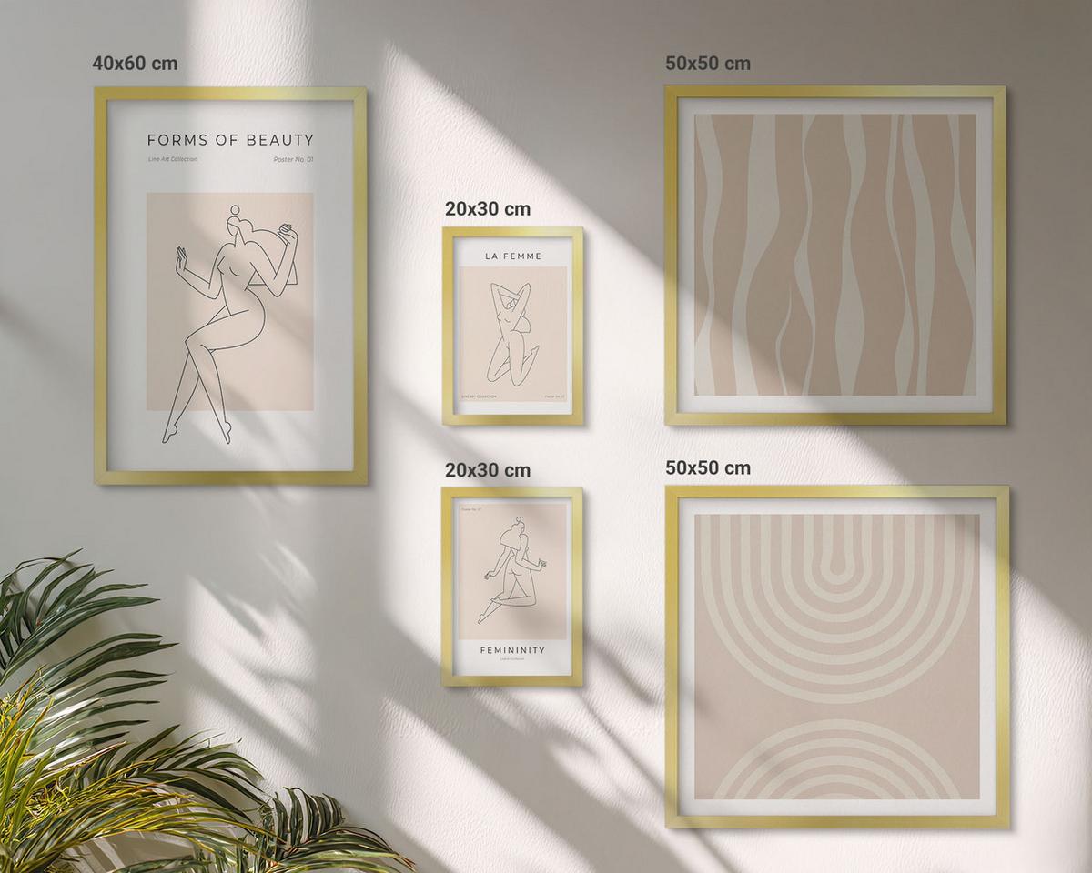 BILDER SET 5er Set - 50x50 cm & 20x30 cm & 40x60 cm Goldrahmen - Eine Sammlung minimalistischer Formen - Goldfarben, Kunststoff (40/60cm) - TULUP