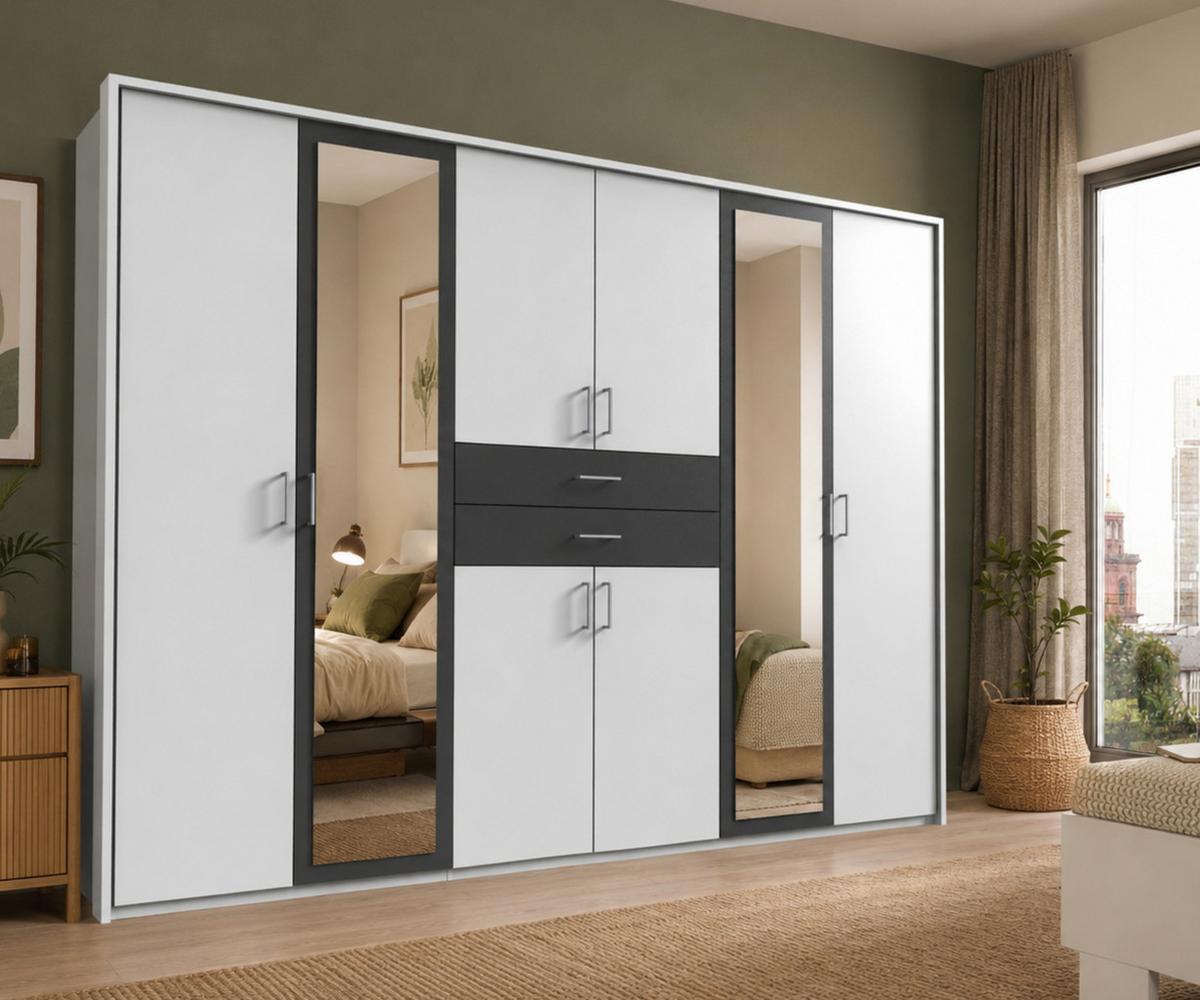 DREHTÜRENSCHRANK Kleiderschrank B273/H210/T58 cm mit Passepartout, Schubkästen & 2 Spiegeltüren, Weiß mit Absetzungen in Grafit / 22601 - Silberfarben/Graphitfarben, Holzwerkstoff/Kunststoff (273/210/58cm) - luma-home