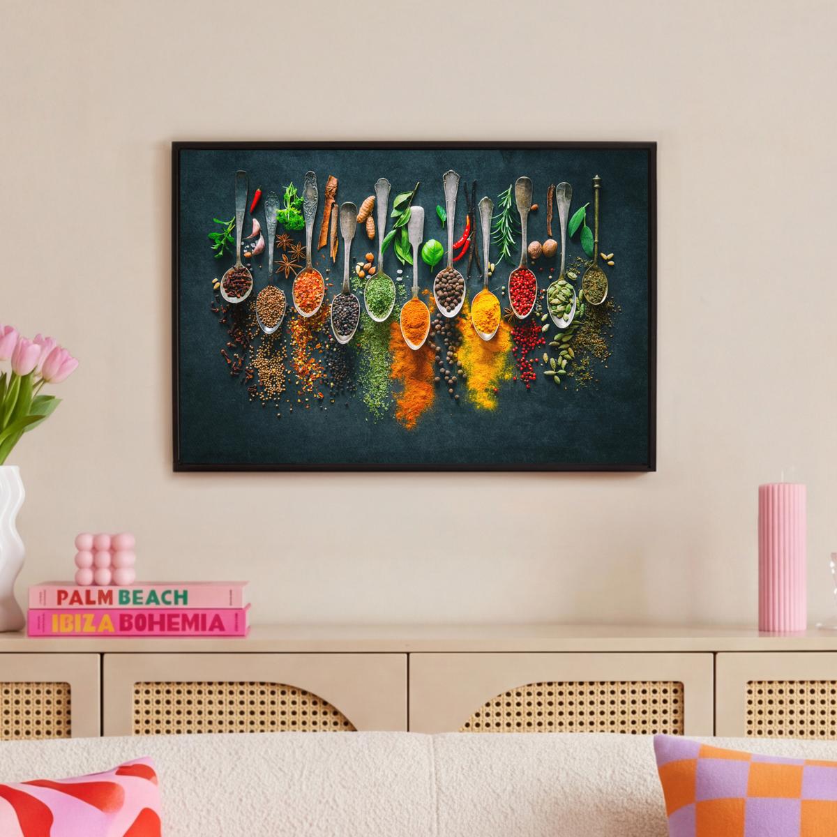 LEINWAND Bilder mit Rahmen - Kräuter - Gewürze - Löffel - 60x40 - Currygelb, Textil (60/40cm) - MuchoWow