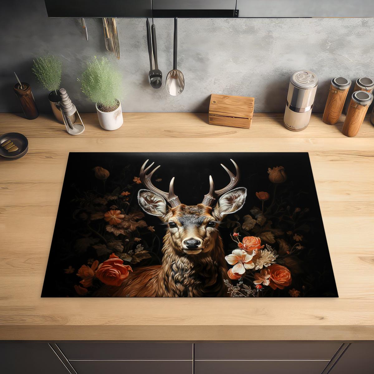 HERDABDECKPLATTE Hirsch - Tier - Blumen - Natur - Botanisch Herdabdeckung Induktionsfeld 75x52 cm - Kupferfarben, Kunststoff (75/52/0.2cm) - MuchoWow