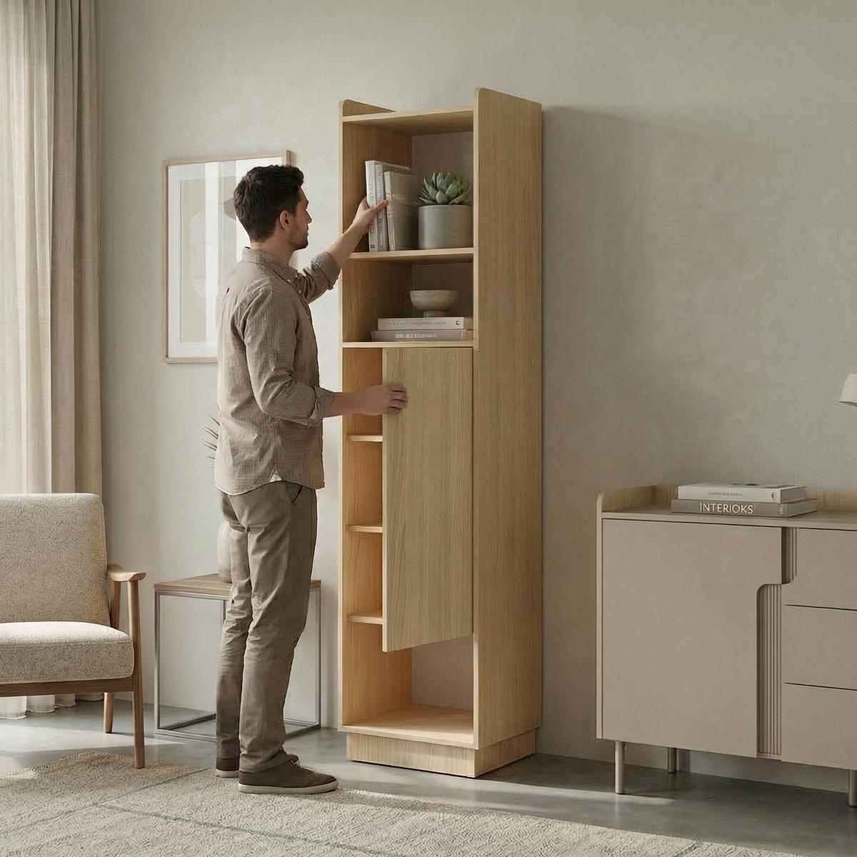 BÜCHERREGAL Positivo mit 1 Tür, 45 cm, Mavelie-Eiche + Macadamia - Eichefarben, Holzwerkstoff (45/195/42cm) - Beautysofa