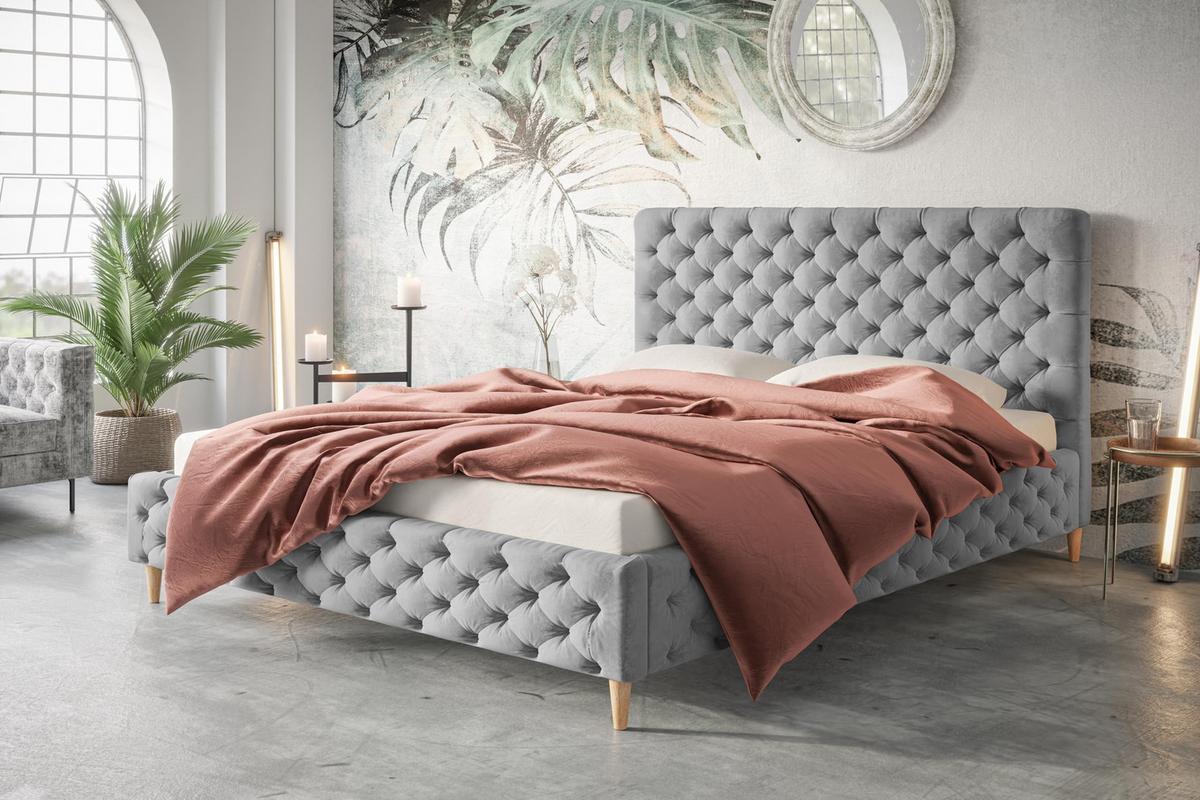 POLSTERBETT LUX Miami mit Kopfteil, 160 x 200 cm, Doppelbett mit Lattenrost aus Holz, Velourstoff Grau, Füße in Farbe: Braun - Grau, Holz/Textil (160/200cm) - Alpi-Möbel