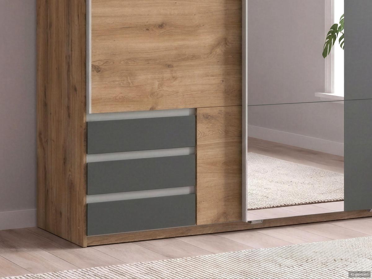 SCHWEBETÜRENSCHRANK 2-türig B135/H198/T65 cm, Kleiderschrank in Eiche Dekor mit Spiegel, 1x Tür & sichtbare Schubkästen in Grafit / 22678 - Eichefarben/Graphitfarben, Holz/Holzwerkstoff (135/198/65cm) - luma-home