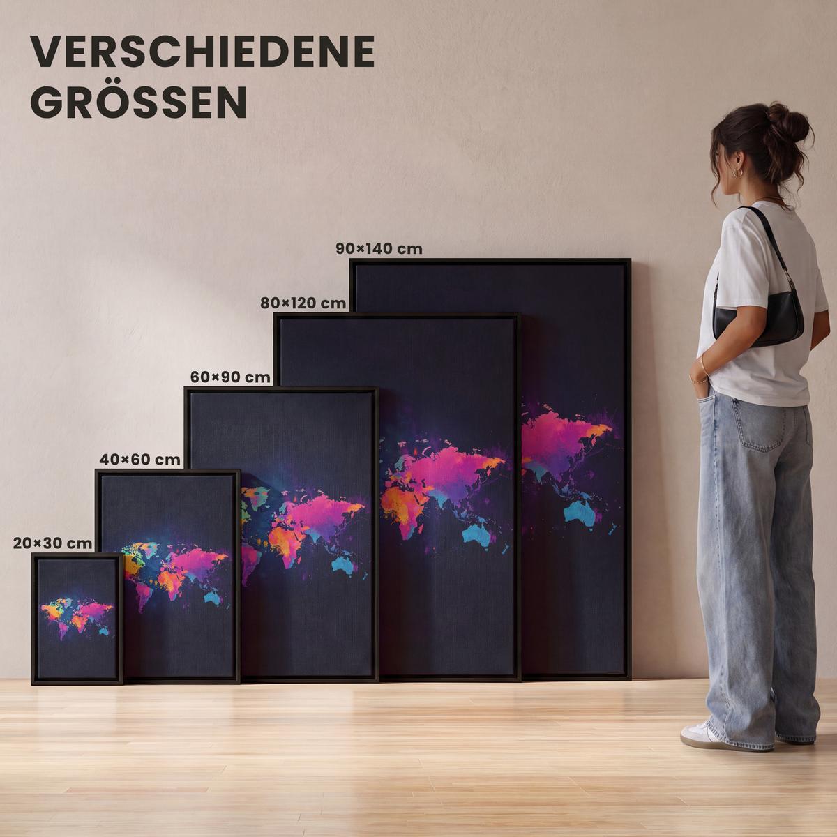 LEINWAND Bilder mit Rahmen - Weltkarte - Bunt - Graffiti - 80x120 - Multicolor, Textil (80/120cm) - MuchoWow