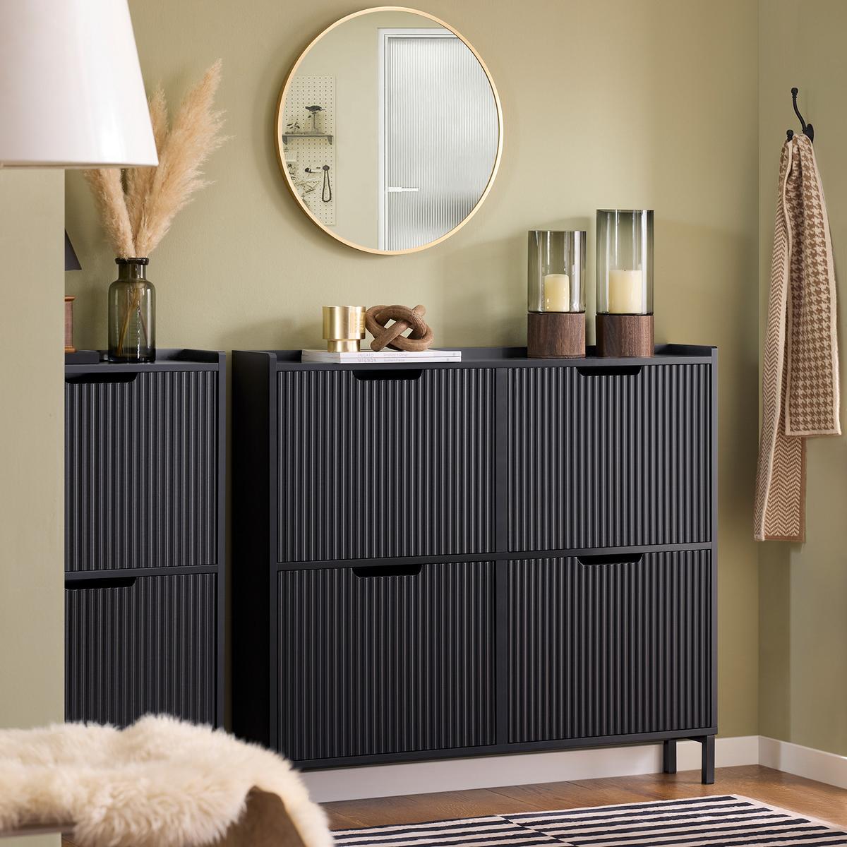 SCHUHSCHRANK schmal mit 4 Klappen 100x91x19cm Schwarz - Schwarz, Holzwerkstoff/Metall (100/91/19cm) - SoBuy