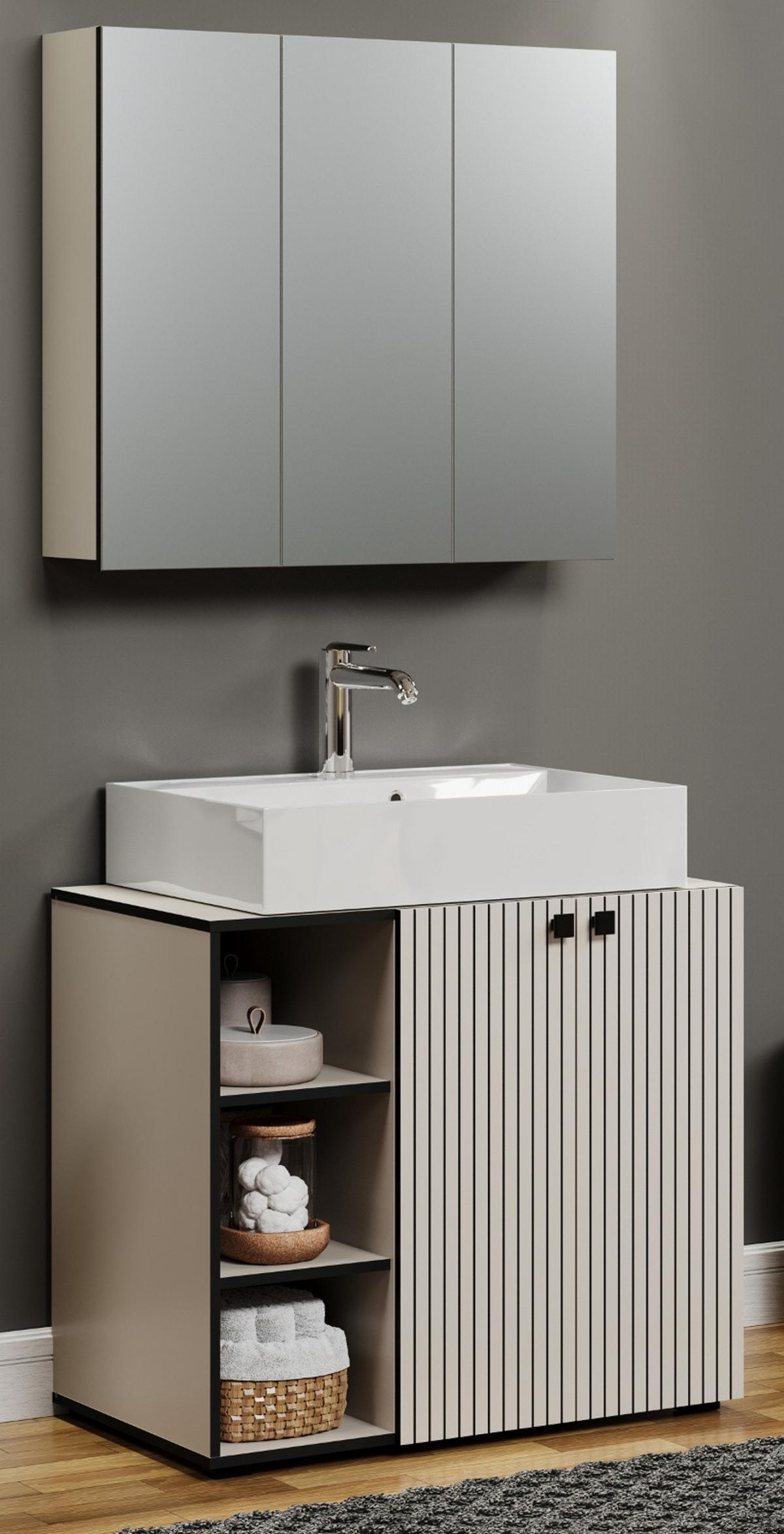 BADMÖBEL-SET Kaschmir, grau 90 x 186 cm 2-teilig, Badkombination in modernem Design - Schwarz/Grau, Glas/Holzwerkstoff (90/80/20cm) - Top.Furn