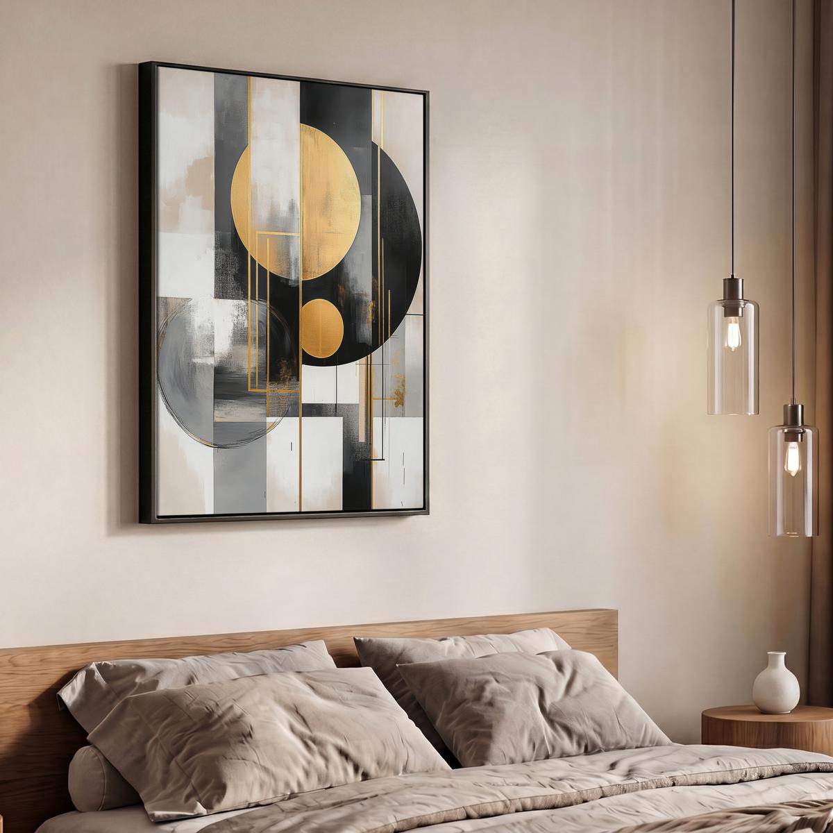 LEINWAND Bilder mit Rahmen - Abstrakt - Gold - Silber - Formen - Ästhetisch - Modern - 70x100 - Goldfarben, Textil (70/100cm) - MuchoWow