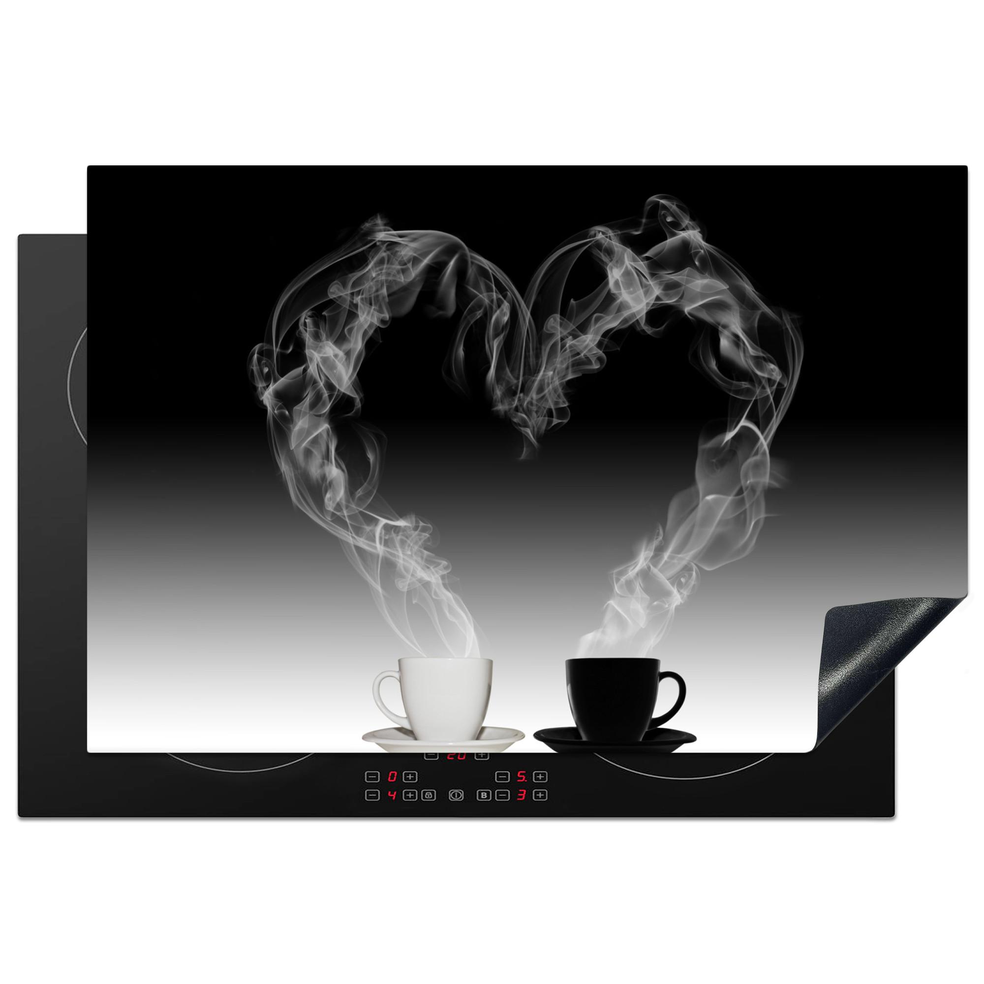HERDABDECKPLATTE Kaffee - Herz - Schwarz und weiß - Tassen Ceranfeldabdeckung 76x51.5 cm - Weiß, Kunststoff (76/51.5/0.2cm) - MuchoWow