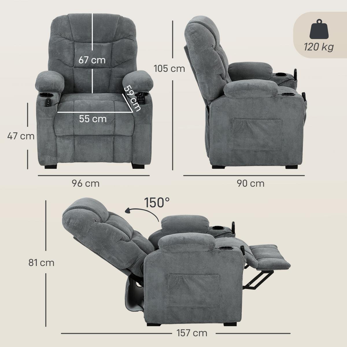 ELEKTRISCHER-RELAXSESSEL Samt Metall Dunkelgrau - Dunkelgrau/Schwarz, Textil/Metall (90/105/96cm) - HOMCOM