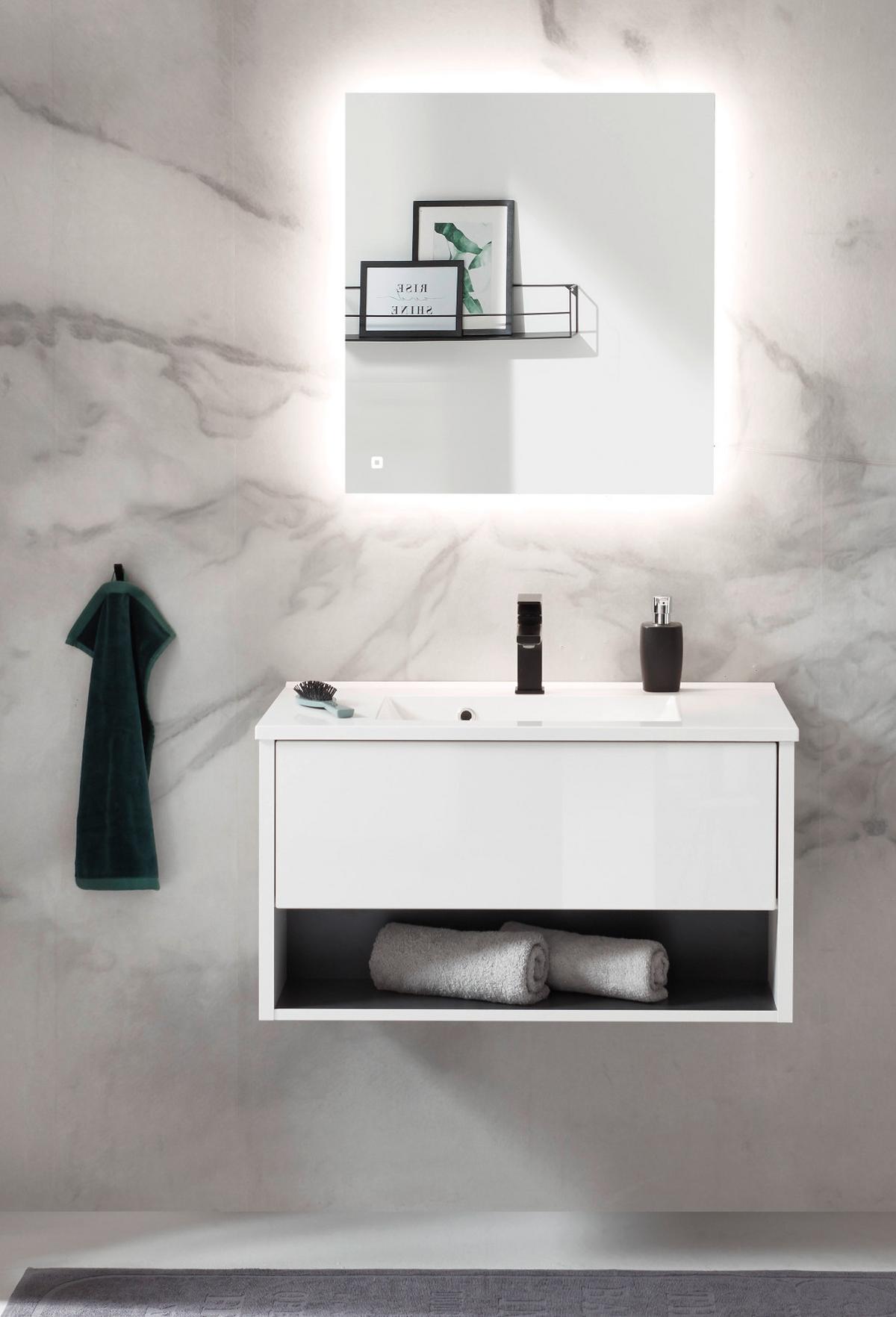 BADMÖBEL-SET weiß Hochglanz, grau, Badezimmerschränke mit Waschbecken und LED Beleuchtung 80 cm - Weiß Hochglanz/Grau, Glas/Holzwerkstoff (80/190/47cm) - Furn.Design