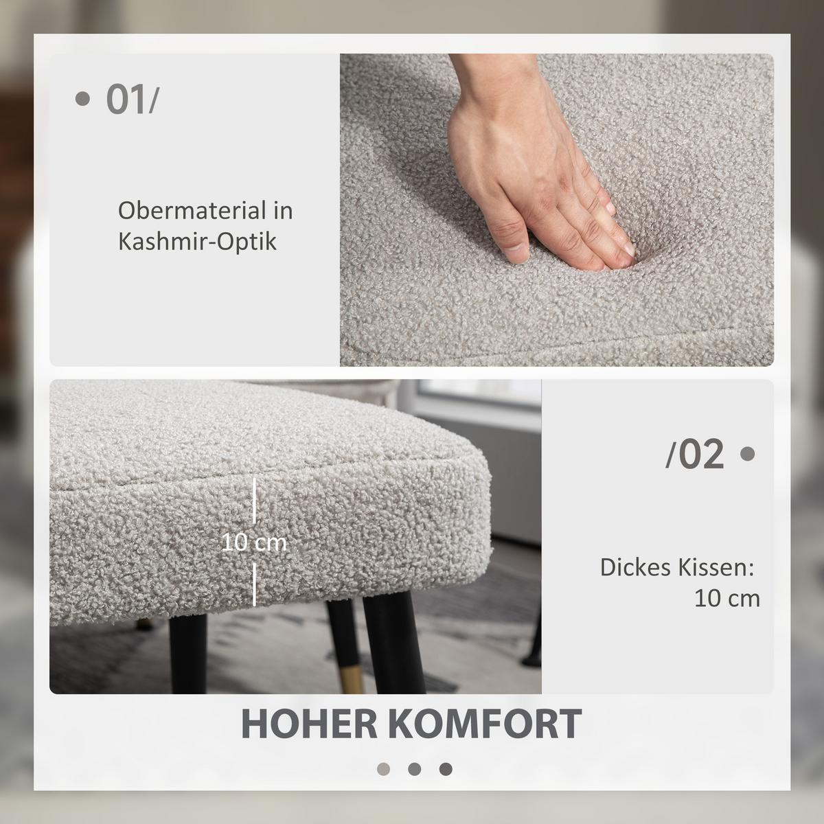 FUSSHOCKER Sitzhocker Quadratischer Schminkhocker mit Kaschmir-Optik, Stahlbeine - Hellgrau, Kunststoff (42/44/42cm) - HOMCOM