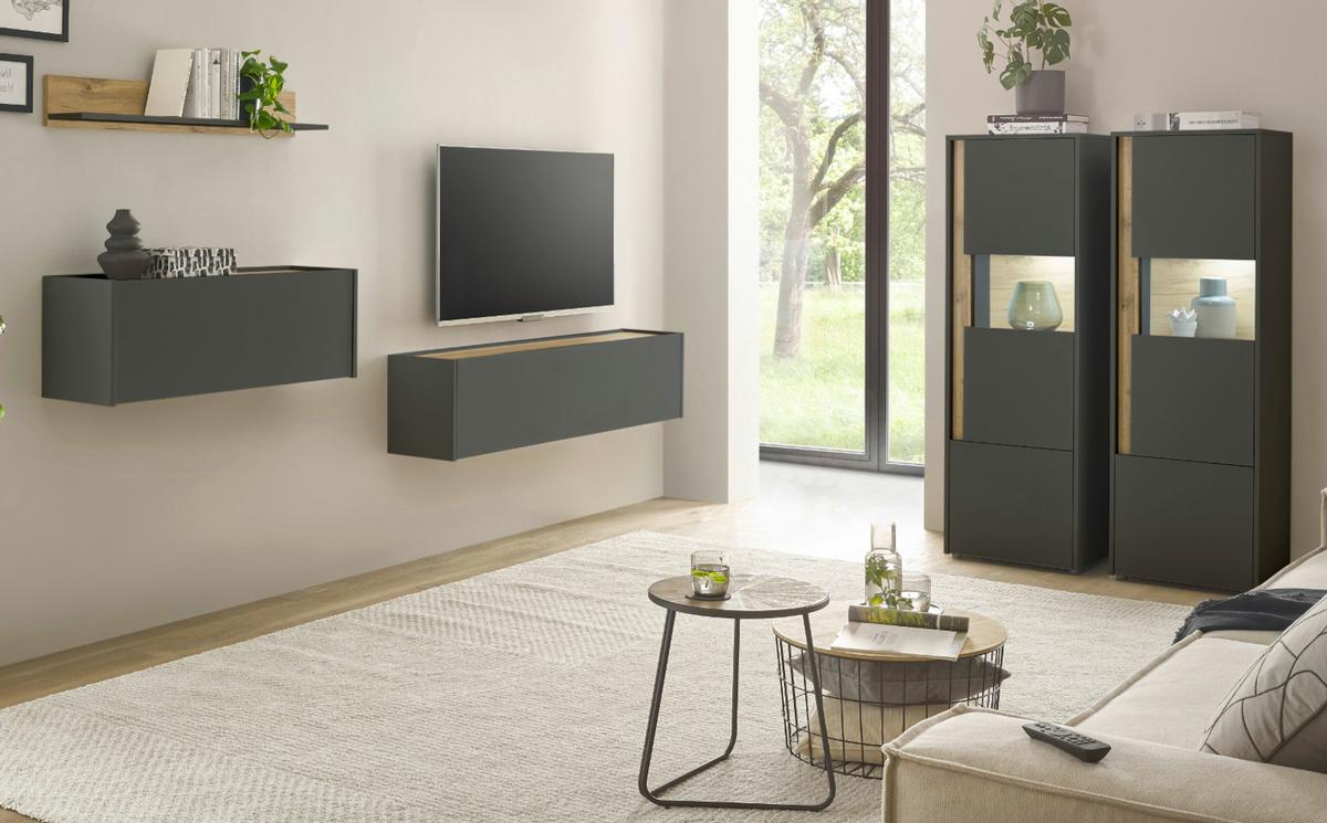WOHNWAND grau matt, Eiche Wotan 270 cm, Wohnkombination hängend mit Sekretär - Eiche Wotan/Grau, Holzwerkstoff/Metall (270/170/30cm) - Furn.Design