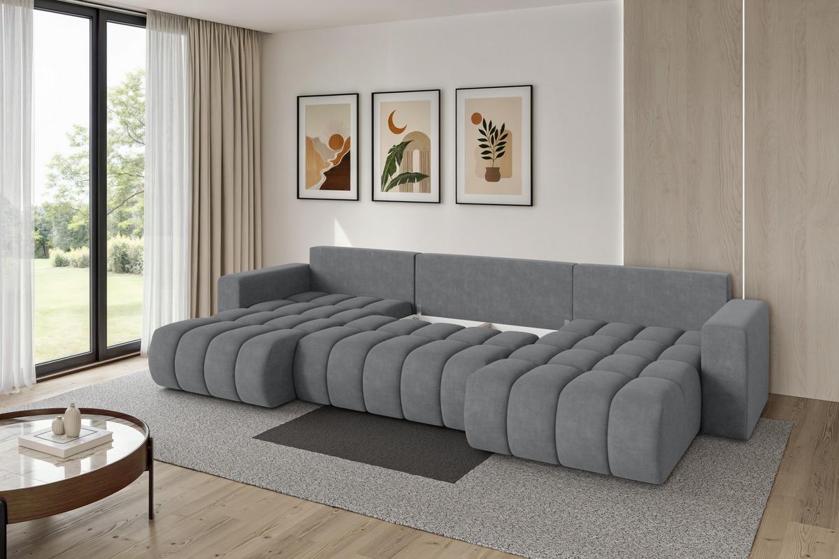 WOHNLANDSCHAFT mit Schlaffunktion und Bettkasten MILA-U-v1 378x194x86 Grau Velours - Taupe/Schwarz, Holzwerkstoff/Kunststoff (378/86/194cm) - ALTDECOR