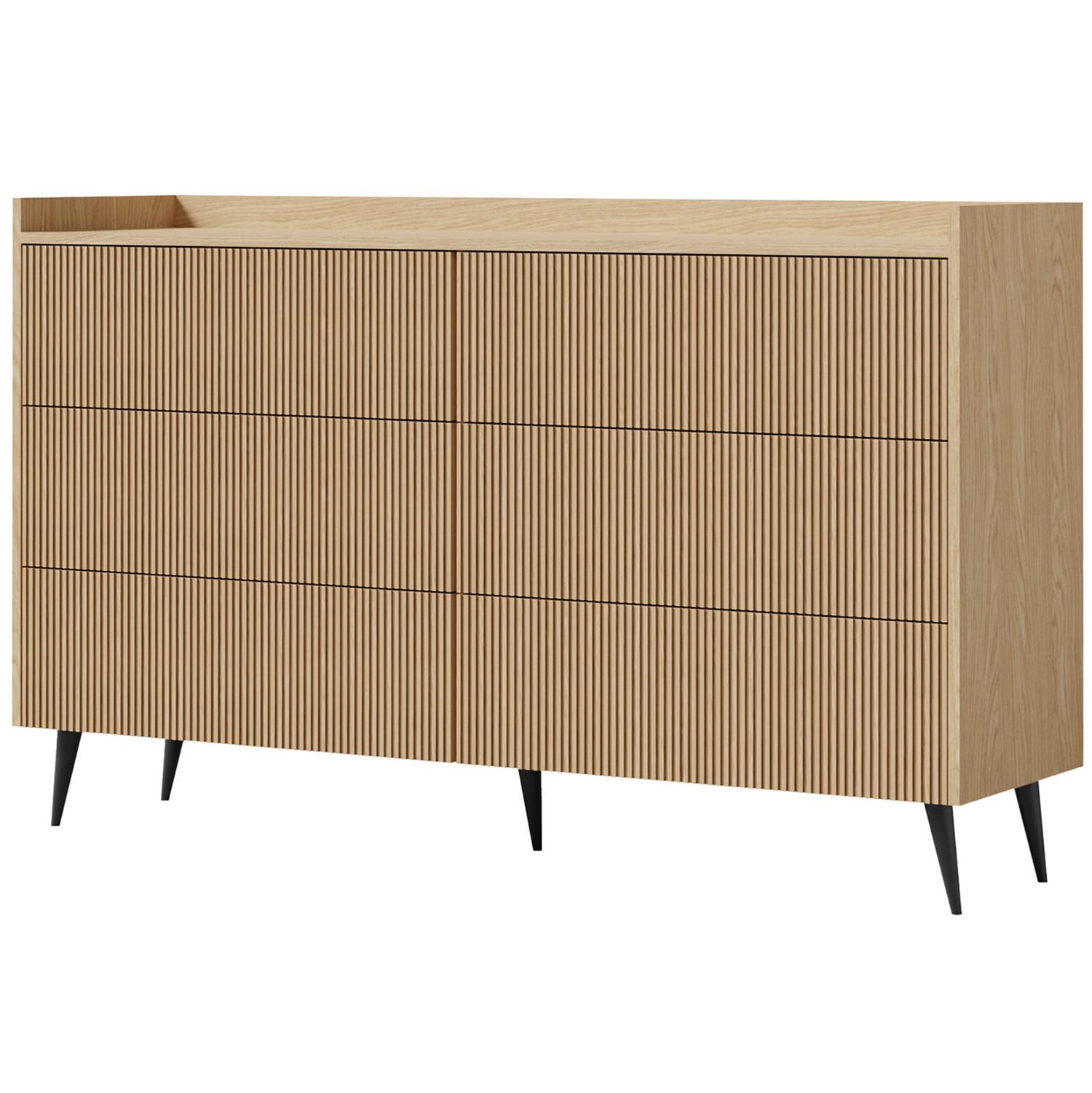KOMMODE Amfali mit 6 Schubladen, geriffelte Fronten, Push-to-open, Metallbeine, 150 cm, Frühlings-Eiche - Eichefarben/Schwarz, Holzwerkstoff/Metall (150/92/41cm) - Beautysofa