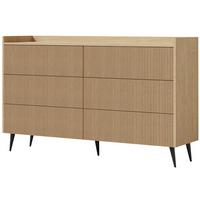 KOMMODE Amfali mit 6 Schubladen, geriffelte Fronten, Push-to-open, Metallbeine, 150 cm, Frühlings-Eiche - Eichefarben/Schwarz, Holzwerkstoff/Metall (150/92/41cm) - Beautysofa
