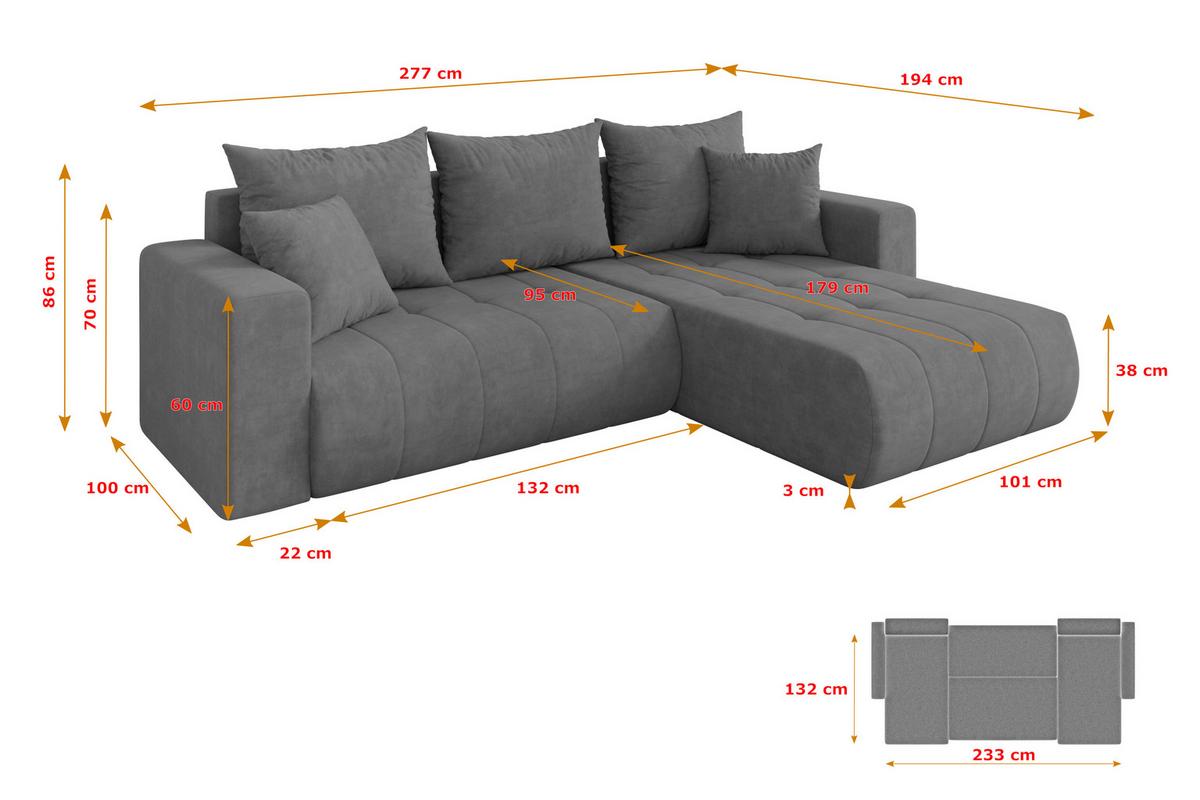 ECKSOFA mit Schlaffunktion Ottomane Rechts MILA-L 277x194x86 Grau Velours - Taupe/Schwarz, Holzwerkstoff/Kunststoff (277/194cm) - ALTDECOR