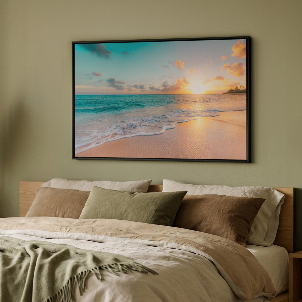 LEINWAND Bilder mit Rahmen - Sonnenuntergang - Strand - Meer - Sommer - Blau - 90x60 - Multicolor, Textil (90/60cm) - MuchoWow