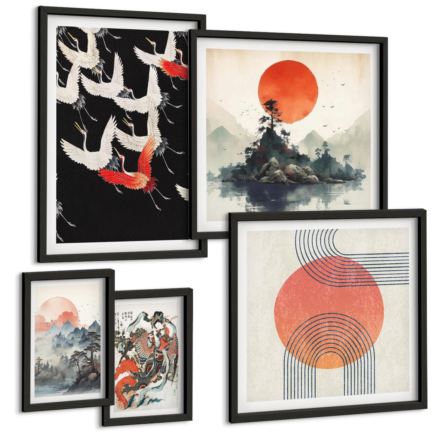 BILDER SET 5er Set - 50x50 cm & 20x30 cm & 40x60 cm Schwarzer Rahmen - Asiatische Landschaften Japandi - Schwarz, Kunststoff (40/60cm) - TULUP