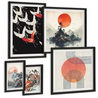 BILDER SET 5er Set - 50x50 cm & 20x30 cm & 40x60 cm Schwarzer Rahmen - Asiatische Landschaften Japandi - Schwarz, Kunststoff (40/60cm) - TULUP