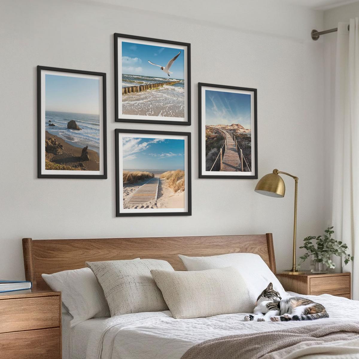 BILDER SET 4er Set - 50x50 cm & 40x60 cm Schwarzer Rahmen - Strandwellen, Himmelsbrücke, Spaziergang - Schwarz, Kunststoff (50/50cm) - TULUP