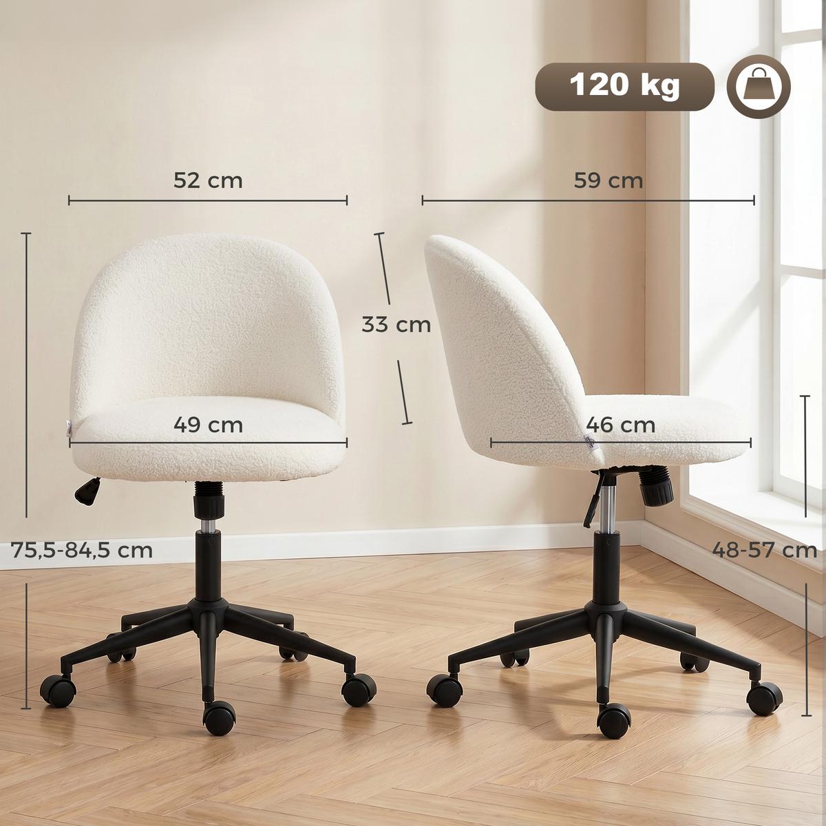 BÜROSTUHL Polyester Cremeweiß - Creme/Schwarz, Textil/Metall (52/84.5/59cm) - HOMCOM