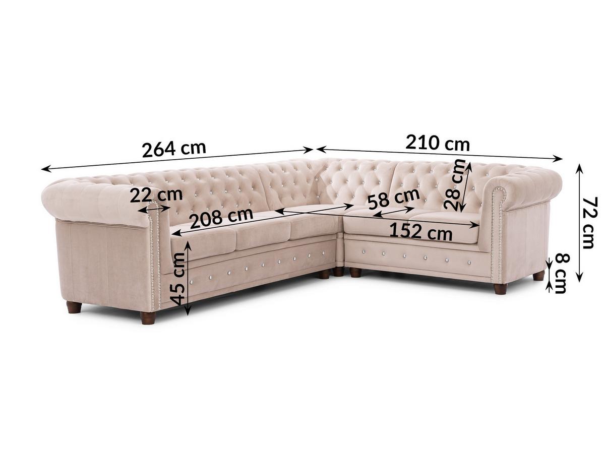ECKSOFA Chesterfield Cleo Blink Beige Samt mit Kristallsteppung und braunen Massivholzfüßen - Ottomane Rechts - Beige/Braun, Holz/Textil (264/210cm) - S-Style Möbel