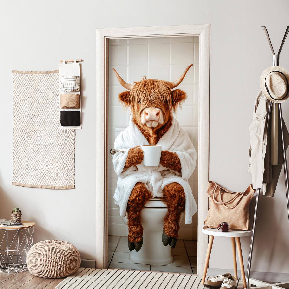 TÜRAUFKLEBER Schottischer Highlander - WC - Bademantel - Modern - Tiere Wanddeko 90x205 cm - Türtapete - Kastanienfarben, Kunststoff (90/0.1/205cm) - MuchoWow