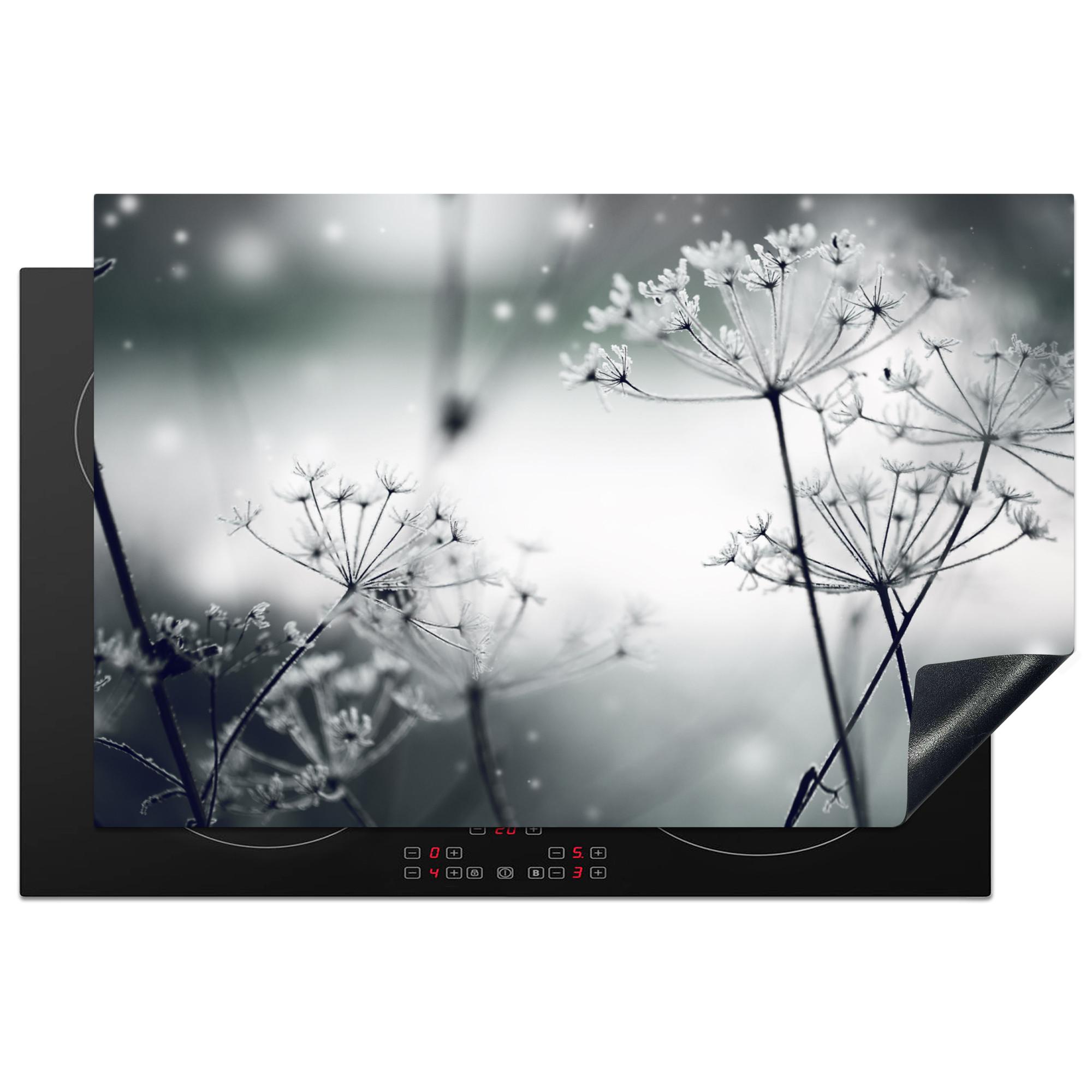 HERDABDECKPLATTE Blumen - Winter - Schnee - Natur Induktionsmatte 81x52 cm - Grau, Kunststoff (81/52/0.2cm) - MuchoWow