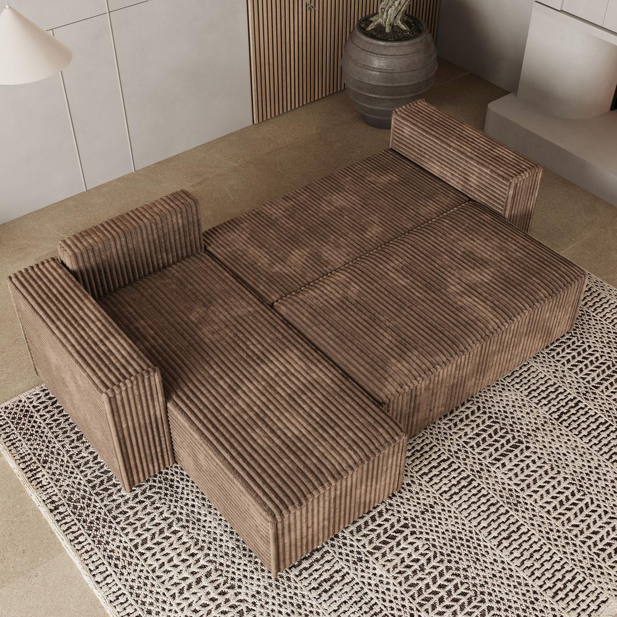 ECKSOFA RAVELO T Beige Kordstoff mit Schlaffunktion - Beige/Grau, Holz/Kunststoff (240/140cm) - MASSENO