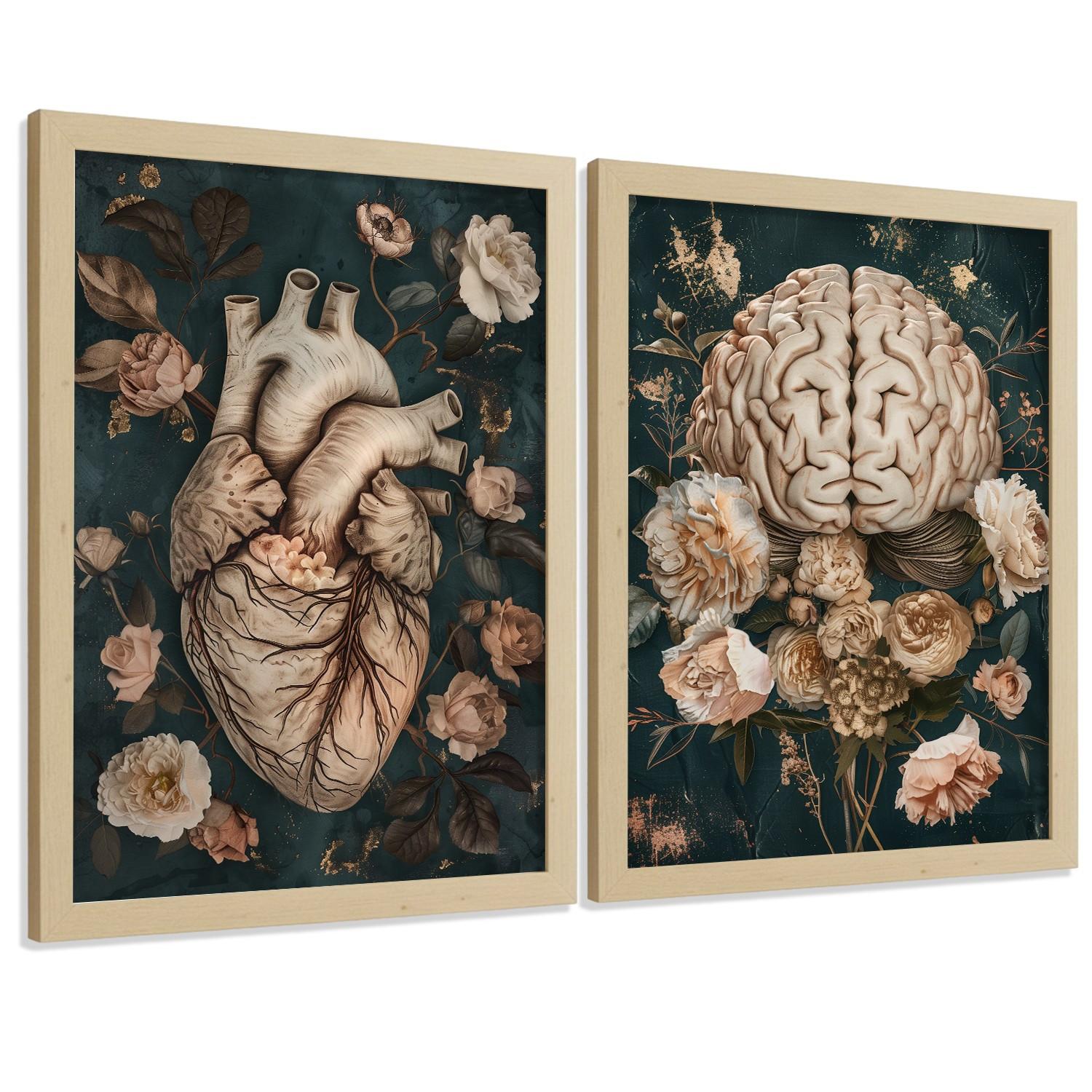 POSTER Set aus 2 Anatomie Mensch Drucke und mit Herz und Gehirn Elegante Florale Illustration Grüner Hintergrund Größe Leichter Holzrahmen A4 - Beige, Papier (21/29.7/3cm) - Nacnic