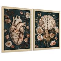 POSTER Set aus 2 Anatomie Mensch Drucke und mit Herz und Gehirn Elegante Florale Illustration Grüner Hintergrund Größe Leichter Holzrahmen A4 - Beige, Papier (21/29.7/3cm) - Nacnic